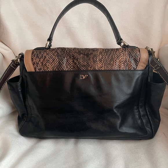 DVF Genuine Leather Snakeskin Print Satchel Bag - Black & Tan - Picture 7 of 16
